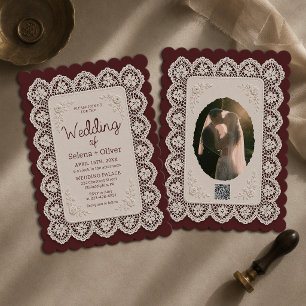 Old Money Lace Doily Burgundy Wedding Photo Invitation