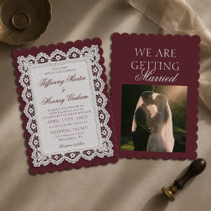 Old Money Lace Doily Burgundy Wedding Photo Invitation