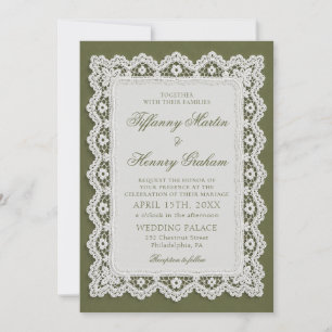 Old Money Lace Doily Olive Green Wedding Invitation