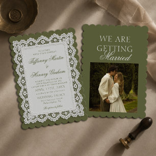 Old Money Lace Doily Olive Green Wedding Photo Invitation