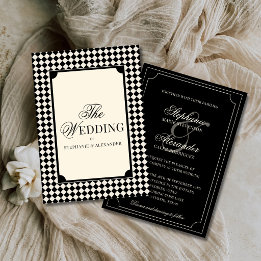 Old Money Luxury Black & Ivory Chequered Wedding Invitation