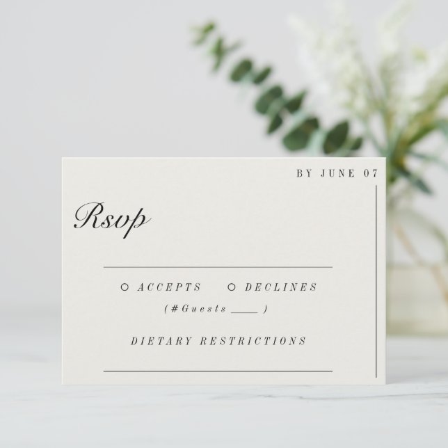 Old Money Minimalist Ecru White Wedding RSVP Card (Standing Front)