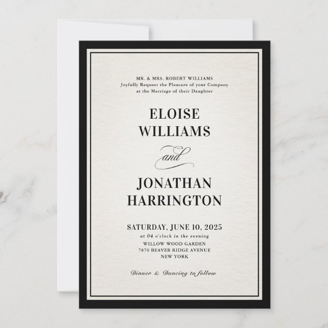 Old Money Modern Formal Black Luxury Chic Wedding Invitation (Front)