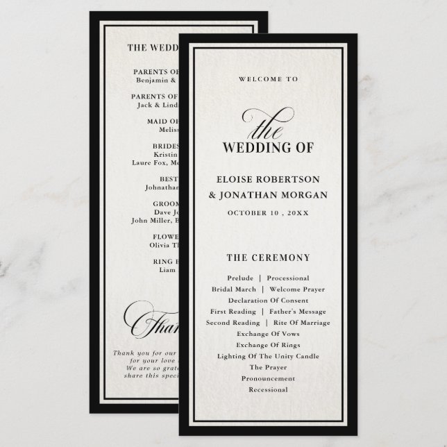 Old Money Modern Formal Black Luxury Chic Wedding Programme (Front/Back)