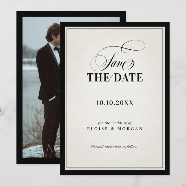 Old Money Modern Formal Black Luxury Chic Wedding Save The Date (Front/Back)