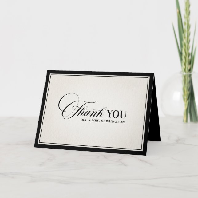 Old Money Modern Formal Black Photo Wedding Thank You Card (Front)