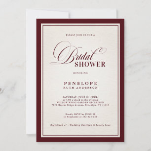 Old Money Modern Formal Burgundy Bridal Shower  Invitation
