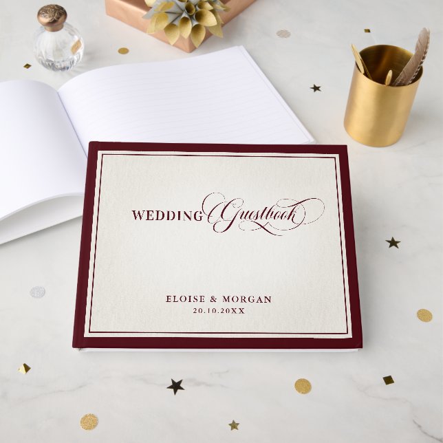 Old Money Modern Formal Burgundy Luxury Wedding Guest Book (Front Open)