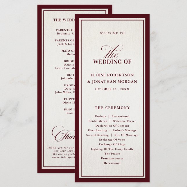 Old Money Modern Formal Burgundy Luxury Wedding Programme (Front/Back)