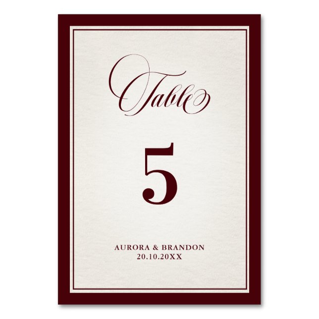 Old Money Modern Formal Burgundy Luxury Wedding Table Number (Front)