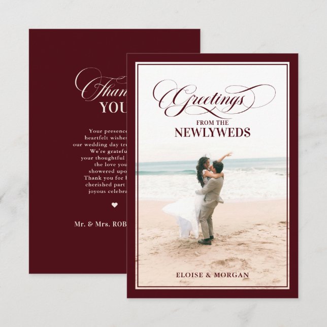 Old Money Modern Formal Burgundy Luxury Wedding Thank You Card (Front/Back)