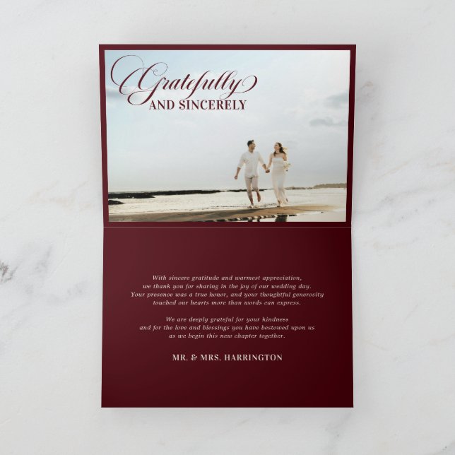 Old Money Modern Formal Burgundy Photo Wedding Thank You Card (Inside)
