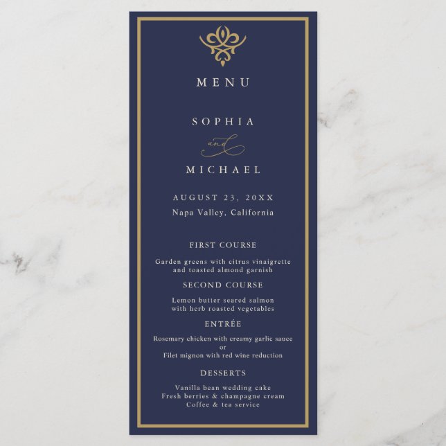 Old Money Navy Blue Wedding Flat Menu (Front)