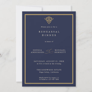 Old Money Navy Blue Wedding Rehearsal Dinner Invitation