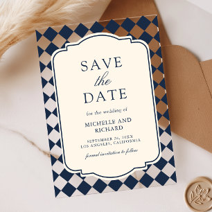 Old Money Navy Chequered Wedding Save the Date Acrylic Invitations