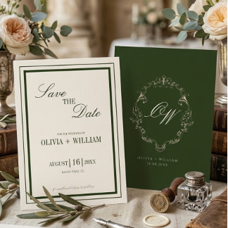 Old Money Olive Green Elegant Monogram Wedding Save The Date