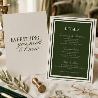 Old Money Olive Green Elegant Wedding Details Card