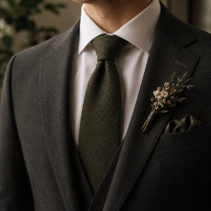 Old Money Olive Green Herringbone Tweed Fabric Tie