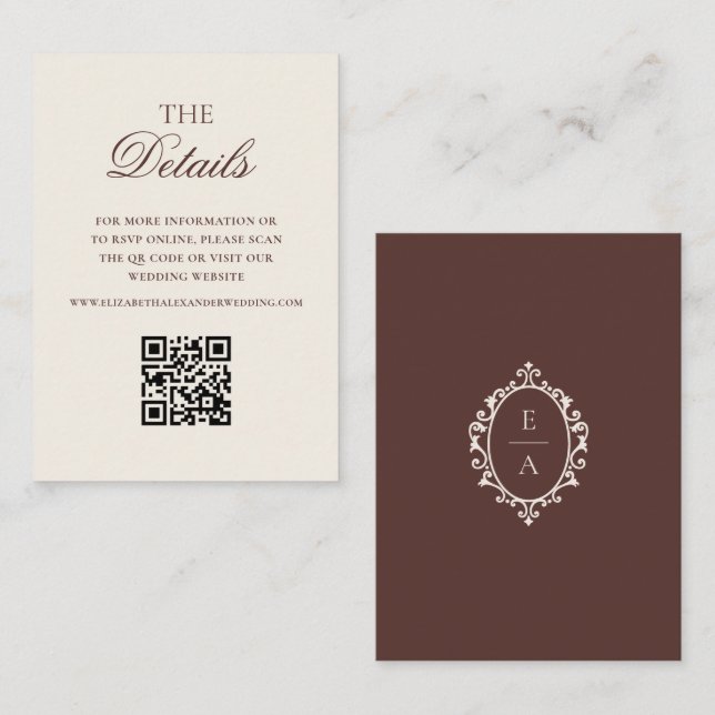 Old Money Oval Crest Brown Wedding Details QR Code Enclosure Card (Front/Back)
