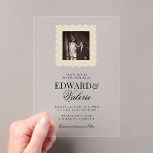 Old Money Photo Vintage Lace Wedding Acrylic Invitations
