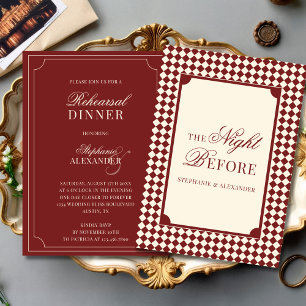 Old Money Red & Ivory Chequered Rehearsal Dinner Invitation