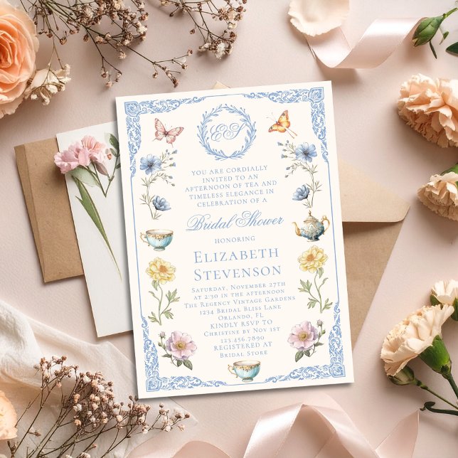 Old Money Regency Floral Tea Party Bridal Shower Invitation (Creator Uploaded)