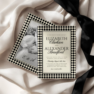 Old Money Retro Diamond Chequered Wedding Invitation