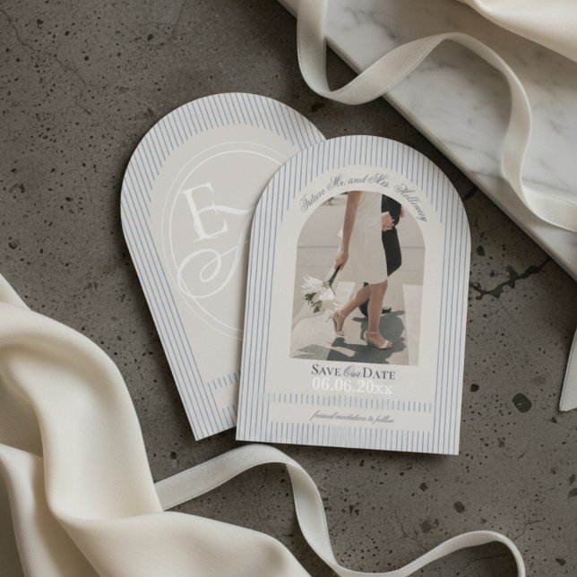 Old Money Script Blue Stripe Photo Save the Date Invitation (Old Money Script Blue Stripe Photo Save the Date Invitation)