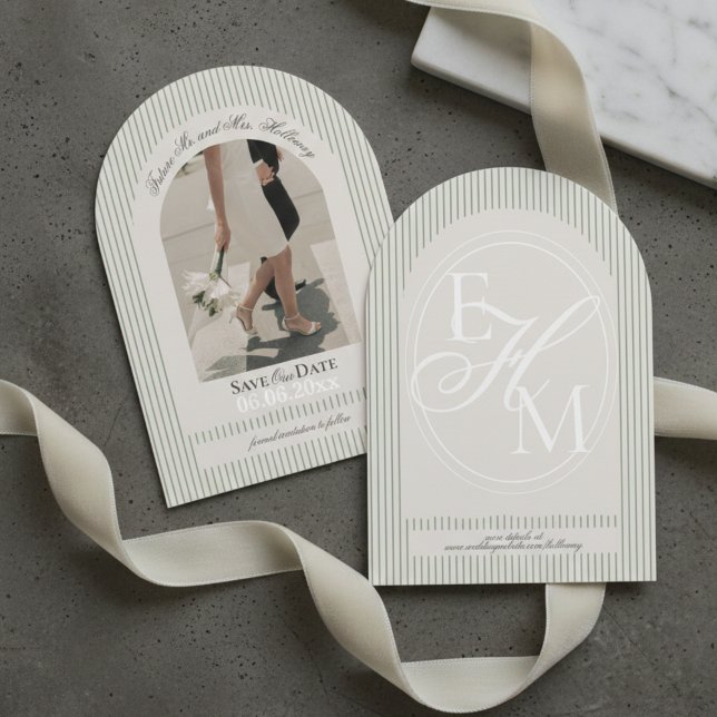 Old Money Script Green Stripe Photo Save the Date Invitation (Old Money Script Green Stripe Photo Save the Date Invitation)