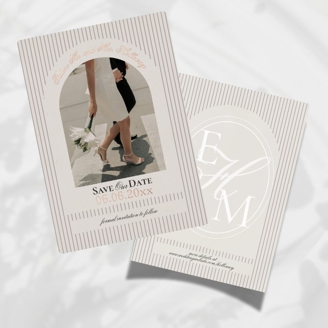 Old Money Script Mauve Stripe Photo Save the Date (Invite guests to mark their calendars for your wedding with this Old Money Foil Save the Date!)