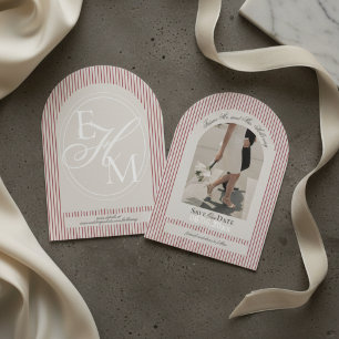 Old Money Script Red Stripe Photo Save the Date Invitation