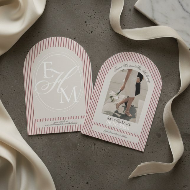 Old Money Script Red Stripe Photo Save the Date Invitation (Old Money Script Red Stripe Photo Save the Date Invitation)