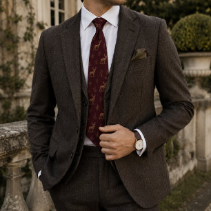 Old Money Stag Deer Woodland Herringbone Burgundy Tie