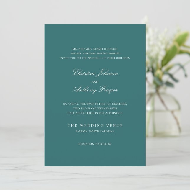 Old Money Teal Classic Wedding Invitation (Standing Front)