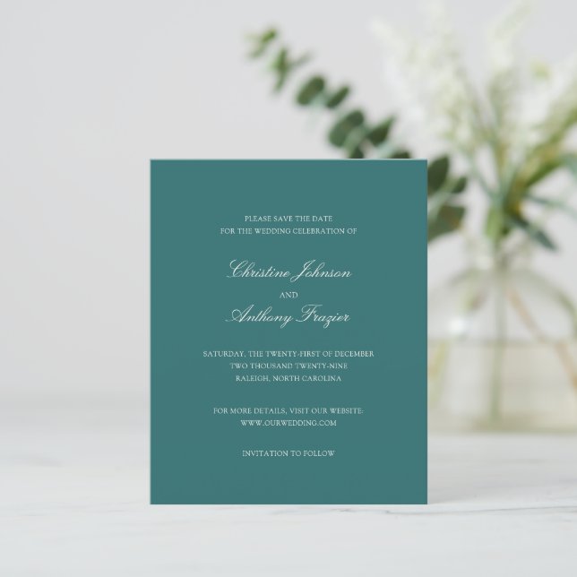 Old Money Teal Classic Wedding Save the Date (Standing Front)