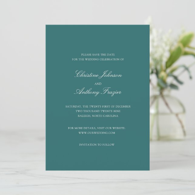 Old Money Teal Classic Wedding Save The Date (Standing Front)