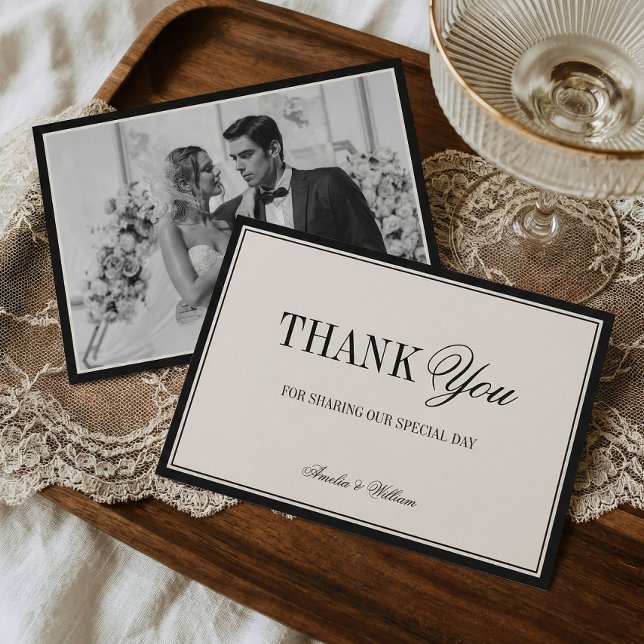 Old Money Timeless Black Cream Wedding Photo Thank You Card (Creator Uploaded)