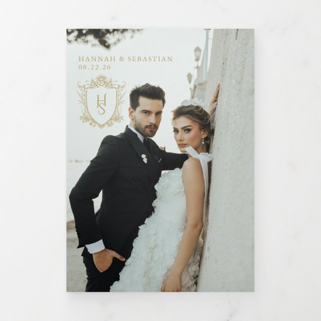 Old Money Vintage Crest Wedding Trifold Invitation (Cover)