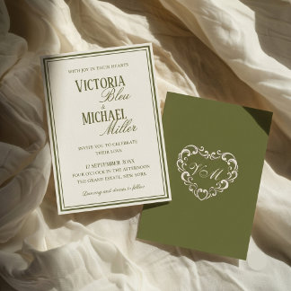 Old Money Vintage Olive Green Ivory Fancy Wedding Invitation