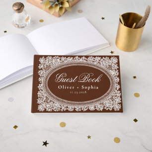 Old Money Wedding Brown Ivory Lace Wedding Guest Book