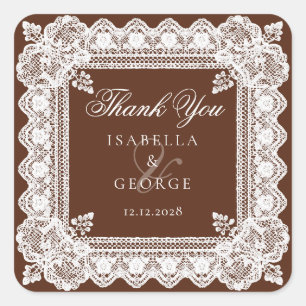 Old Money Wedding Brown Lace Thank you Square Sticker