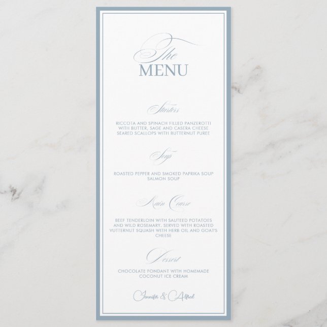 Old Money Wedding Dusty Blue Dinner Menu Card (Front)