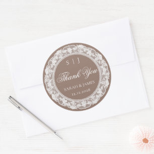 Old Money Wedding Taupe White Lace Thank you Classic Round Sticker