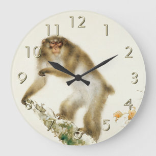 Old Monkey with Cherry in Autumn Large Clock