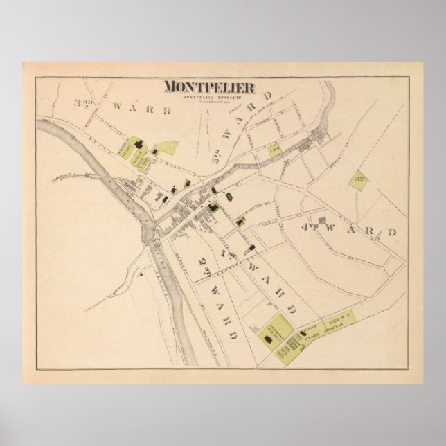 Old Montpelier VT Map (1876) Vermont Capital  Poster (Front)