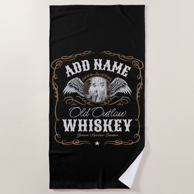  Old Moonshine Whiskey Label ADD PHOTO Family Name Beach Towel (Front)