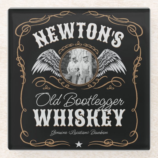  Old Moonshine Whiskey Label ADD PHOTO Family Name Glass Coaster (Front)