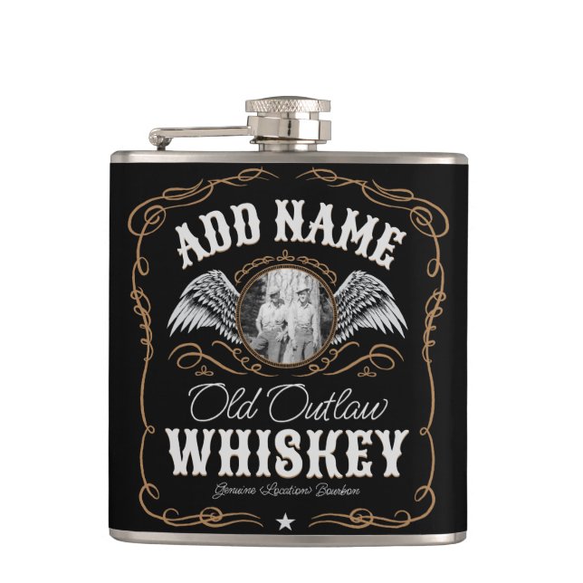  Old Moonshine Whiskey Label ADD PHOTO Family Name Hip Flask (Front)