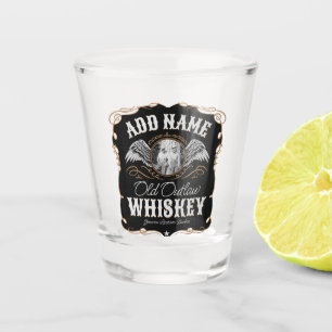 Old Moonshine Whiskey Label ADD PHOTO Family Name Shot Glass