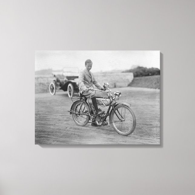 Old Motorcycle with Lantern Headlight Canvas Print (Front)